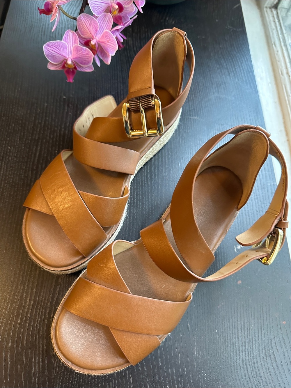 Michael Kors Women's Tan Leather Espadrille Wedge Sandals - Ankle Strap